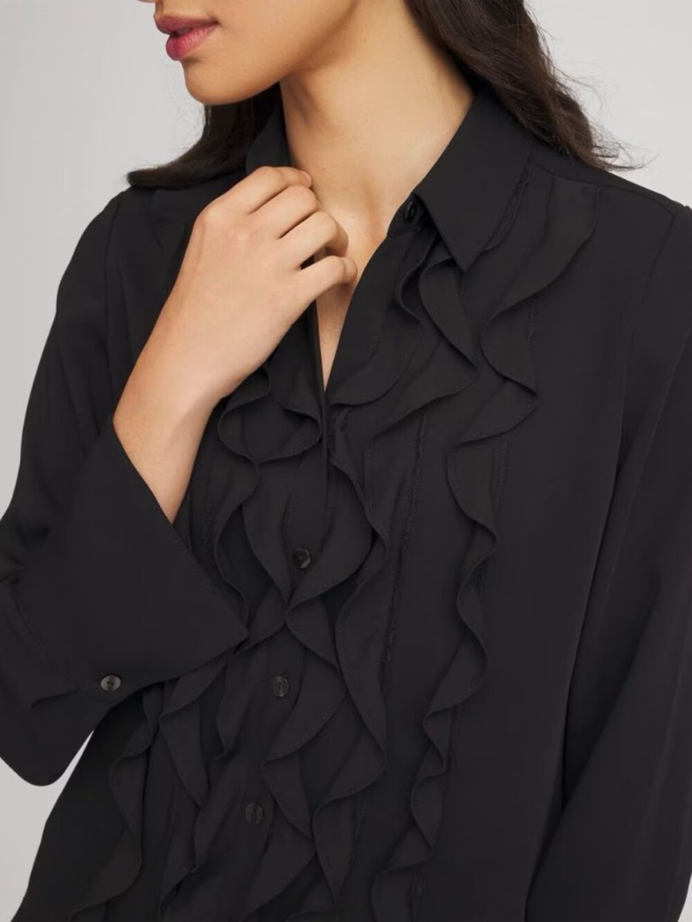 Chico's Black Ruffle Front Long-Sleeve Blouse Size 1/M/8-10 - Picture 7 of 7